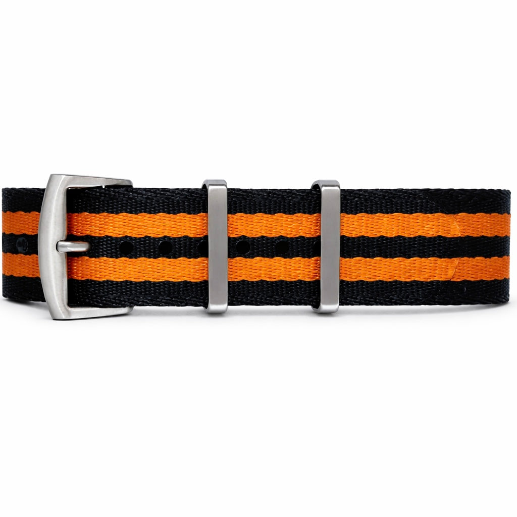 Bracelet Montre Nato Noir et Orange 2 Bandes - Nylon doux tressé