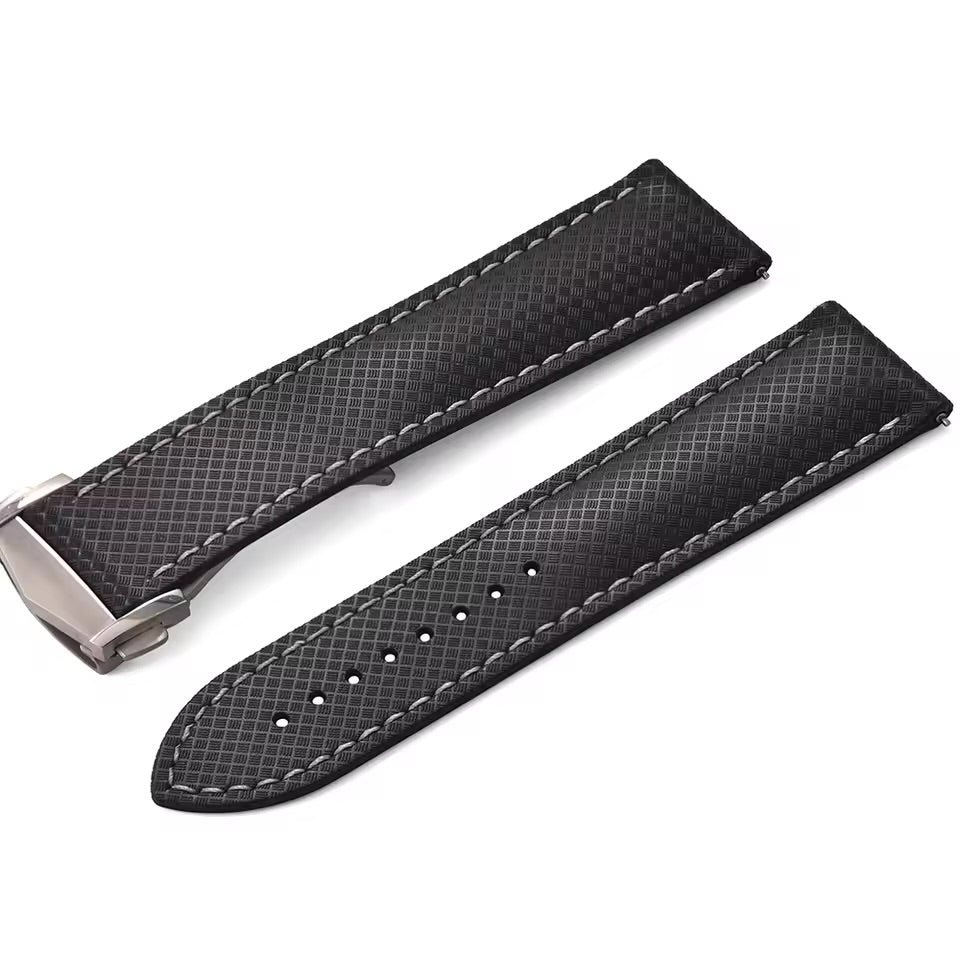 Uhrenarmband FKM-Kautschuk Schwarz / Steppnähte - Racing / Faltschließe / Schnellwechsel