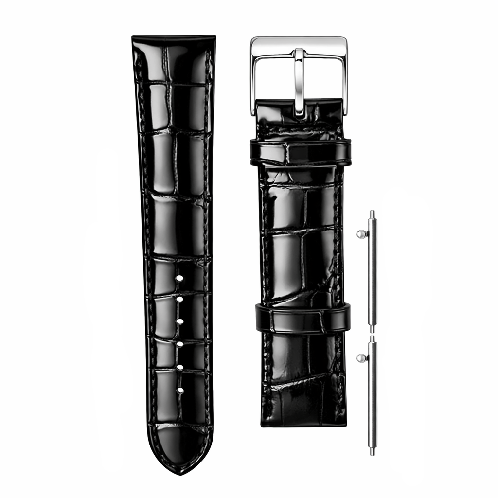 Bracelet de Montre Cuir Italien Noir - Rapide, Grain Crocodile - Haute Brillance