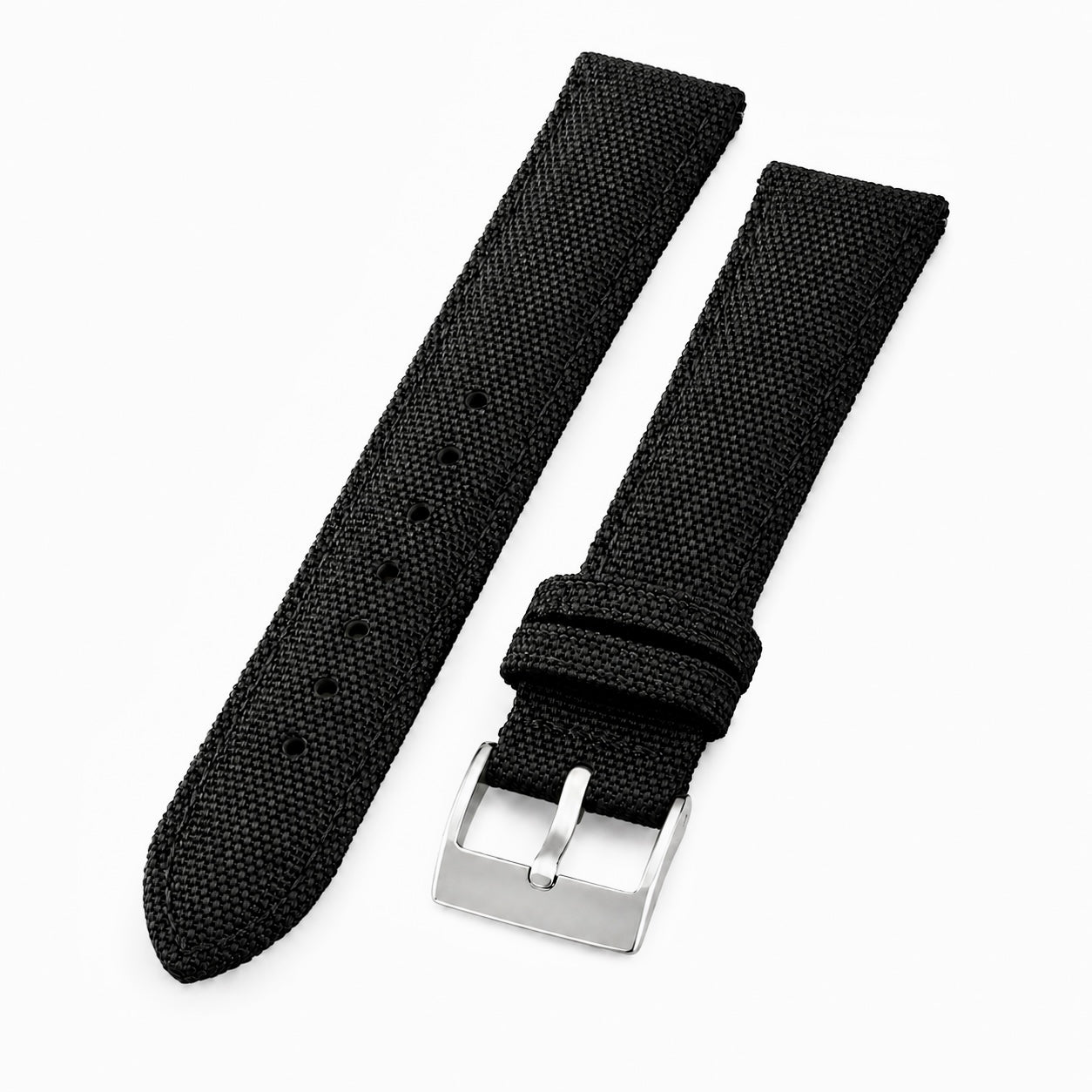 Black sailcloth watch strap with quick-release spring bars and stainless steel buckle.