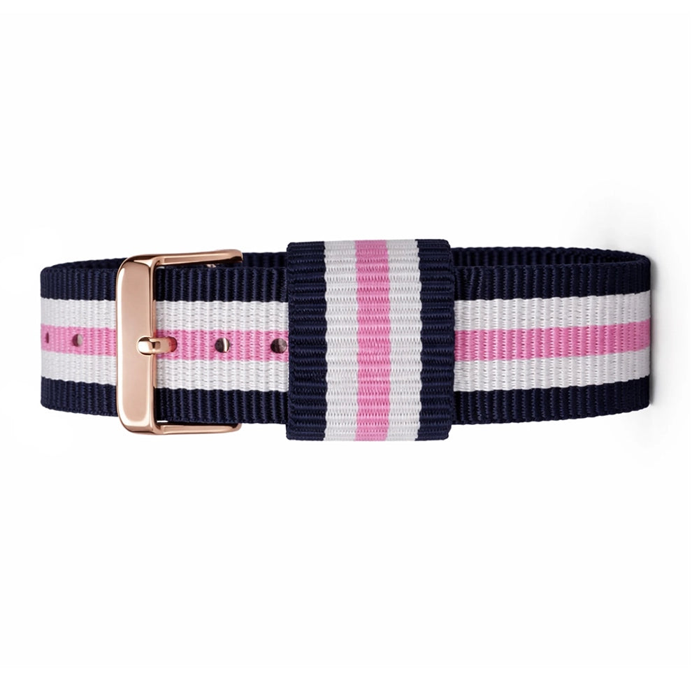 Bracelet de Montre NATO Nylon Bleu-Blanc-Rose Southampton - Boucle Doré Or Rose