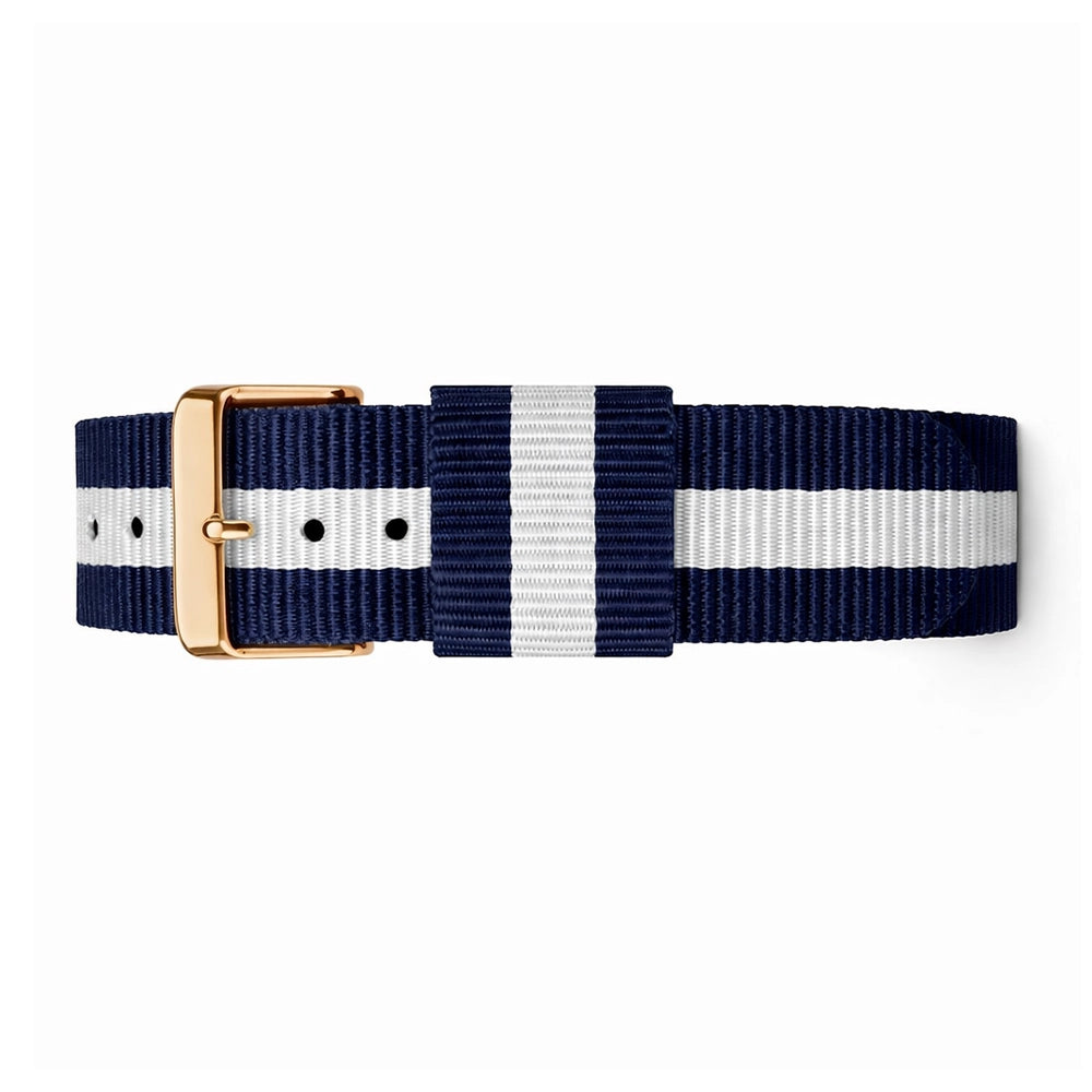 Dunkelblau-Weiß-Glasgow Nylon NATO Uhrenarmband mit Roségold-Schließe