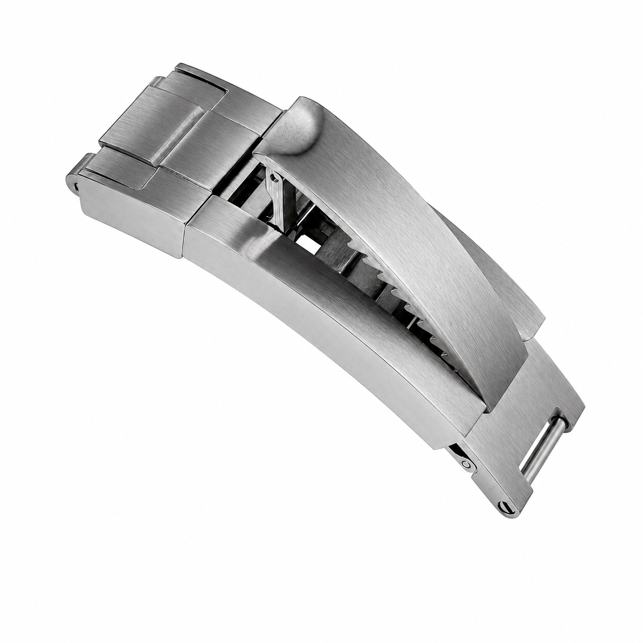 Boucle déployante premium en inox brossé compatible Rolex avec fermoir Glidelock 9 mm sur fond blanc.