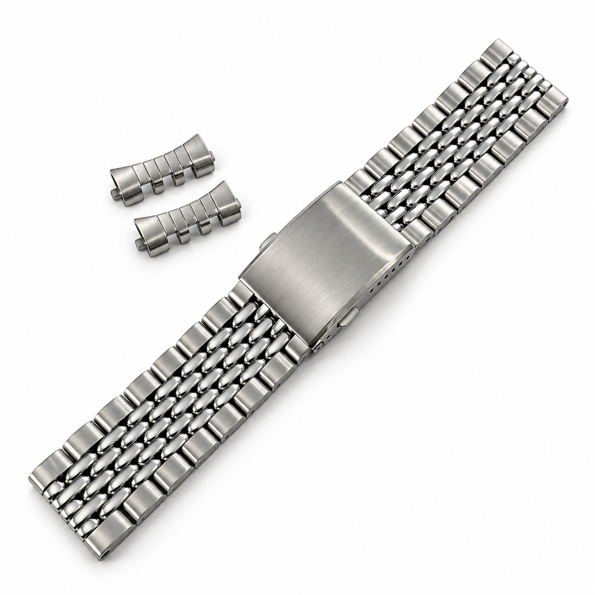 Beads of Rice Link Watch Bracelet / Brushed & Mirror Polished Steel – Deployment Clasp - Straight & Curved Ends - Universal