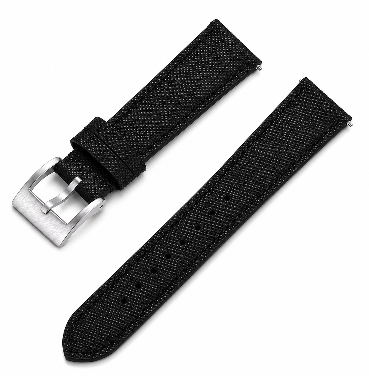 Bracelet montre en cuir véritable noir finition Saffiano avec dégagement rapide et boucle acier inoxydable.