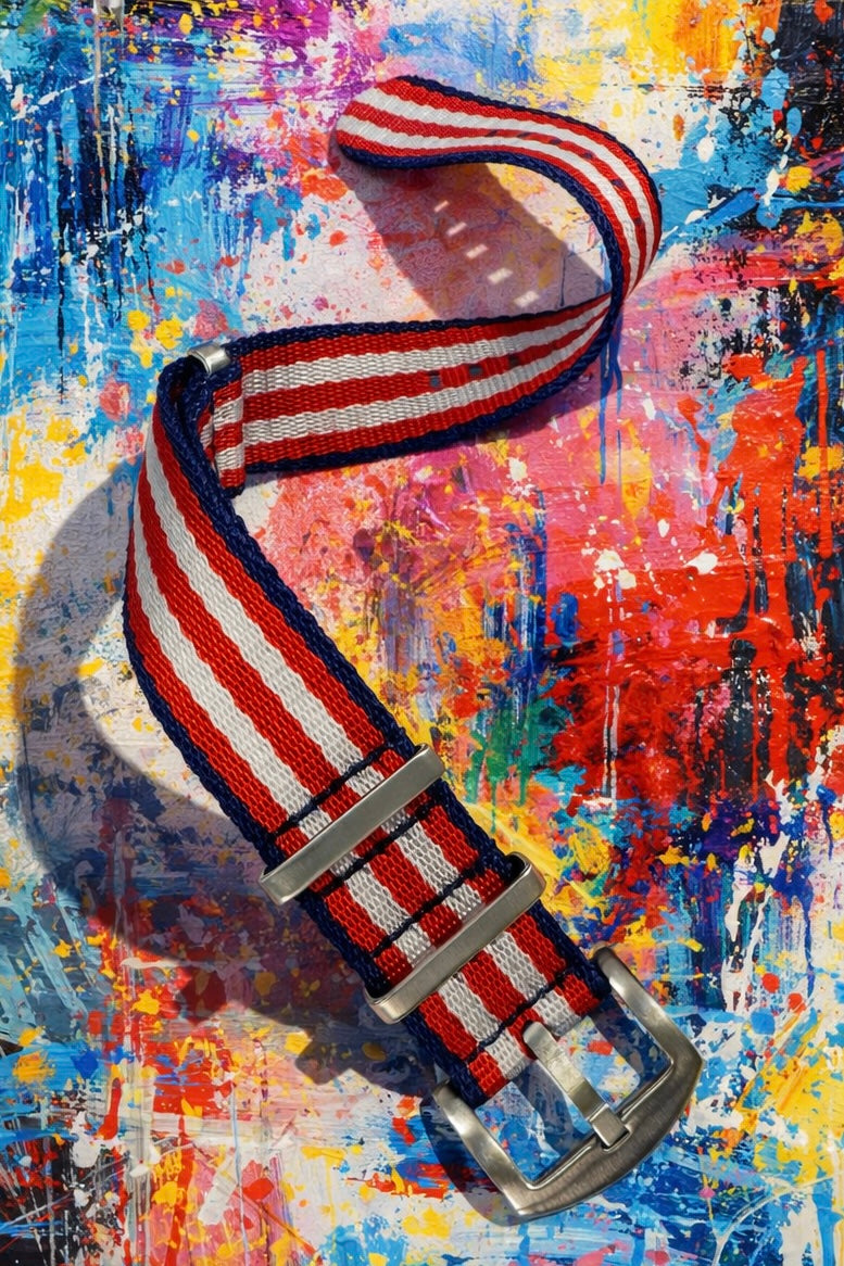 Bracelet Montre Nato Nylon Bleu/Blanc/Rouge - Boucle Acier Brossé -  Homme