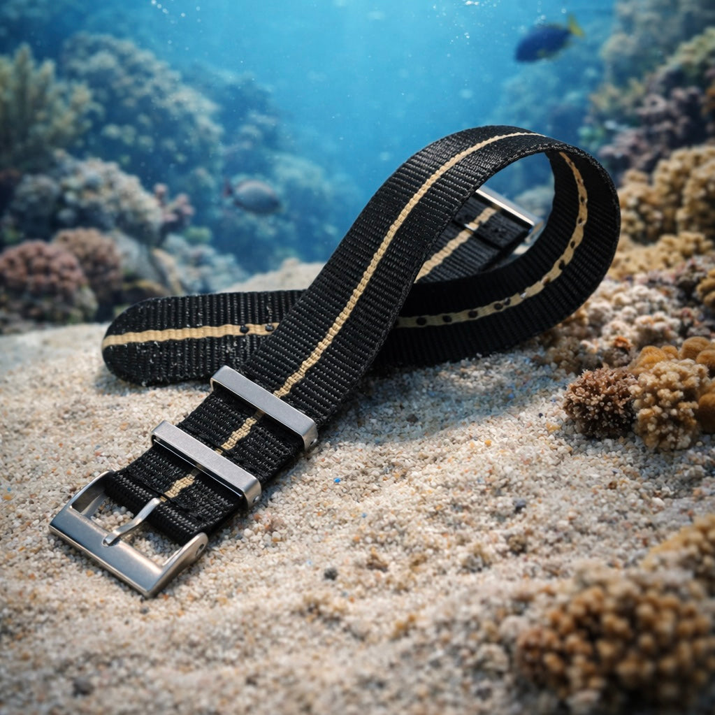 NATO-Nylon-Uhrenarmband Schwarz/Khaki (Sand) – 1 Armband