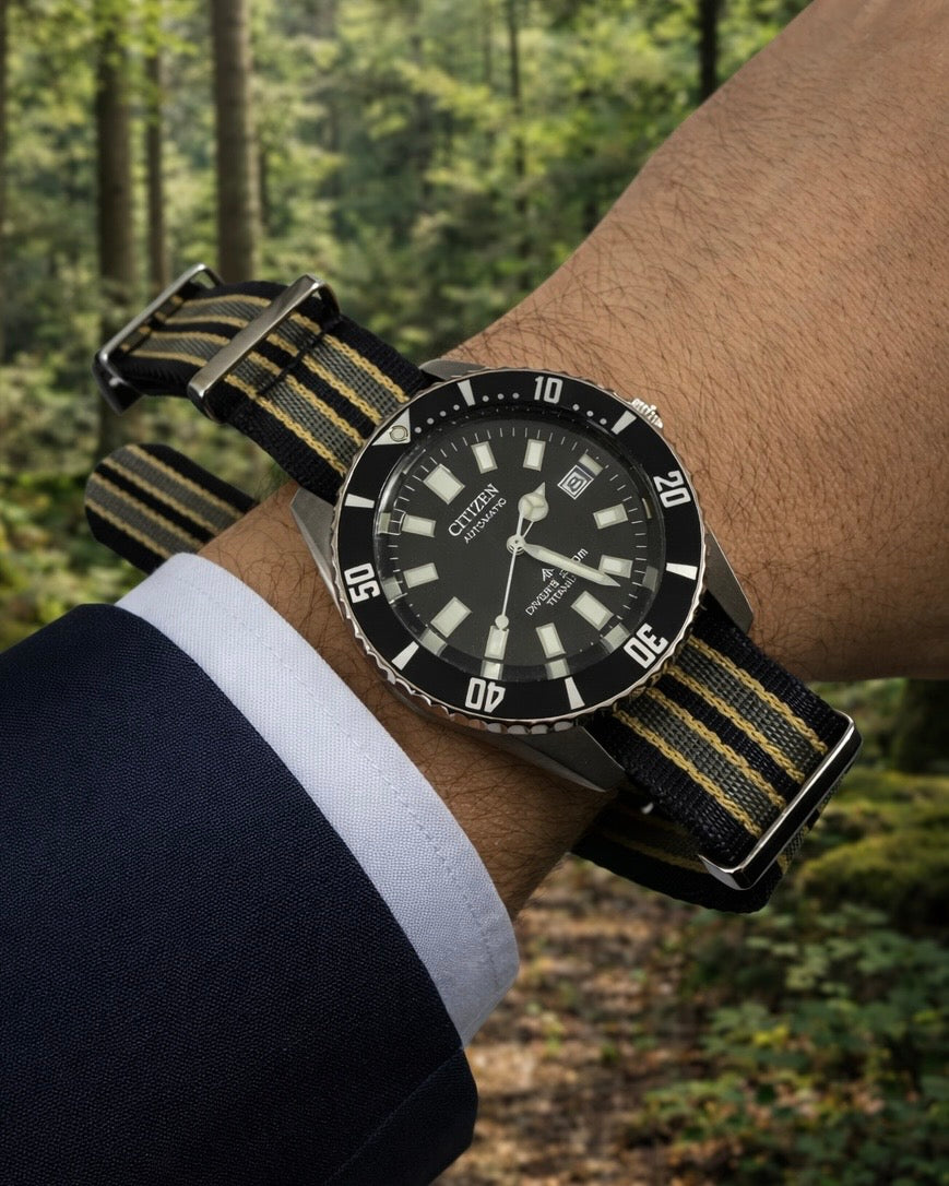 Bracelet Nato 20mm James Bond Noir / Gris / Sable - Nylon doux tressé