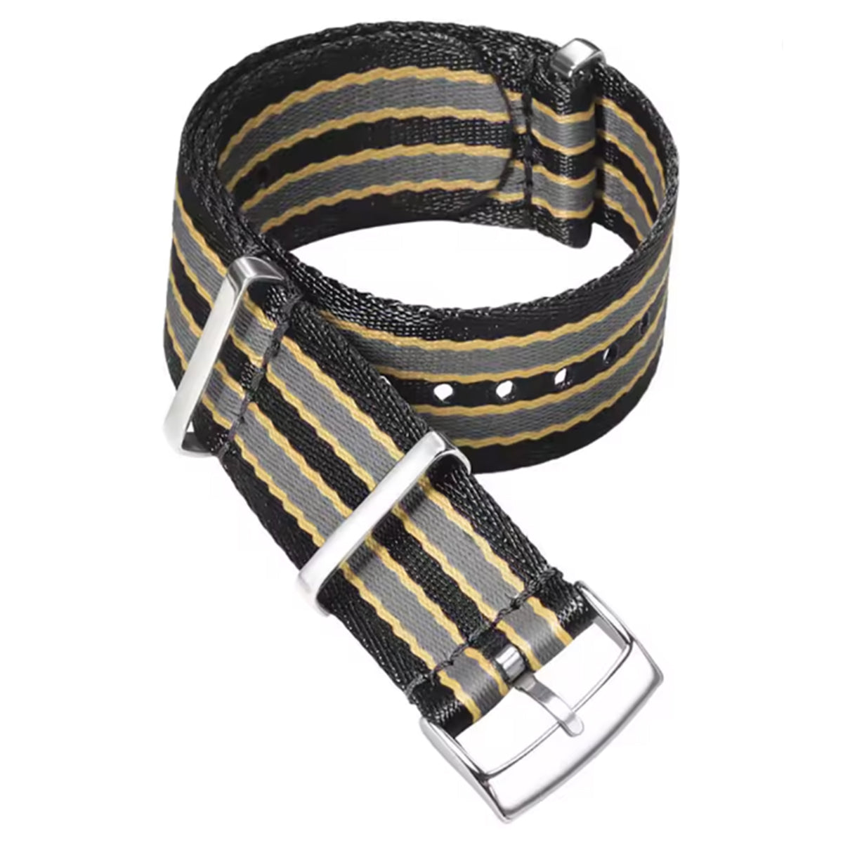 20 mm James Bond Nato-Armband Schwarz Grau Gelb – geflochtenes Nylon