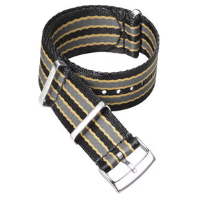 20 mm James Bond Nato-Armband Schwarz Grau Gelb – geflochtenes Nylon