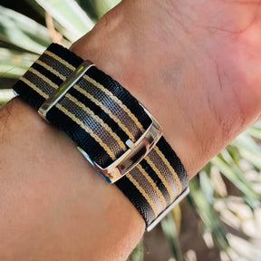 20 mm James Bond Nato-Armband Schwarz Grau Gelb – geflochtenes Nylon