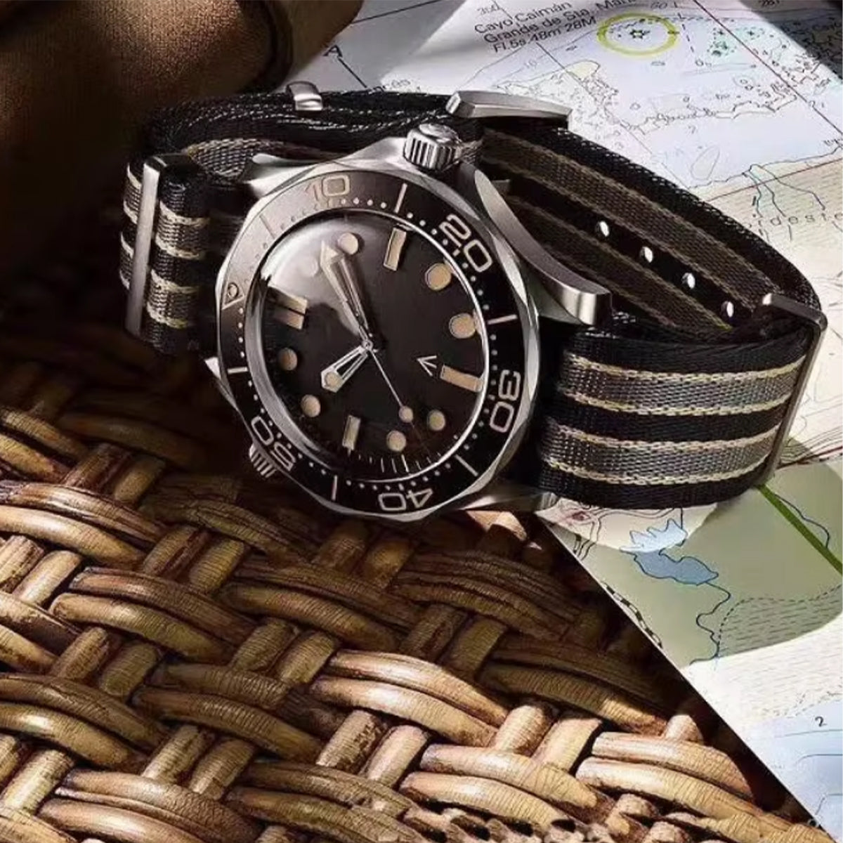 20 mm James Bond Nato-Armband Schwarz Grau Gelb – geflochtenes Nylon