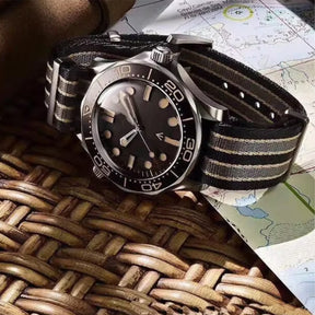 20 mm James Bond Nato-Armband Schwarz Grau Gelb – geflochtenes Nylon