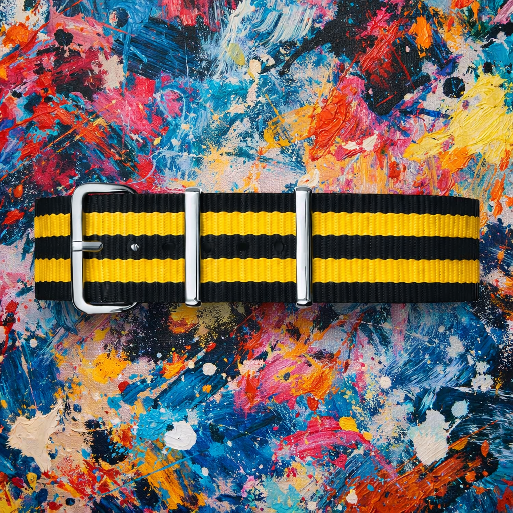 Schwarzes NATO-Uhrenarmband / 2 gelbe Armbänder