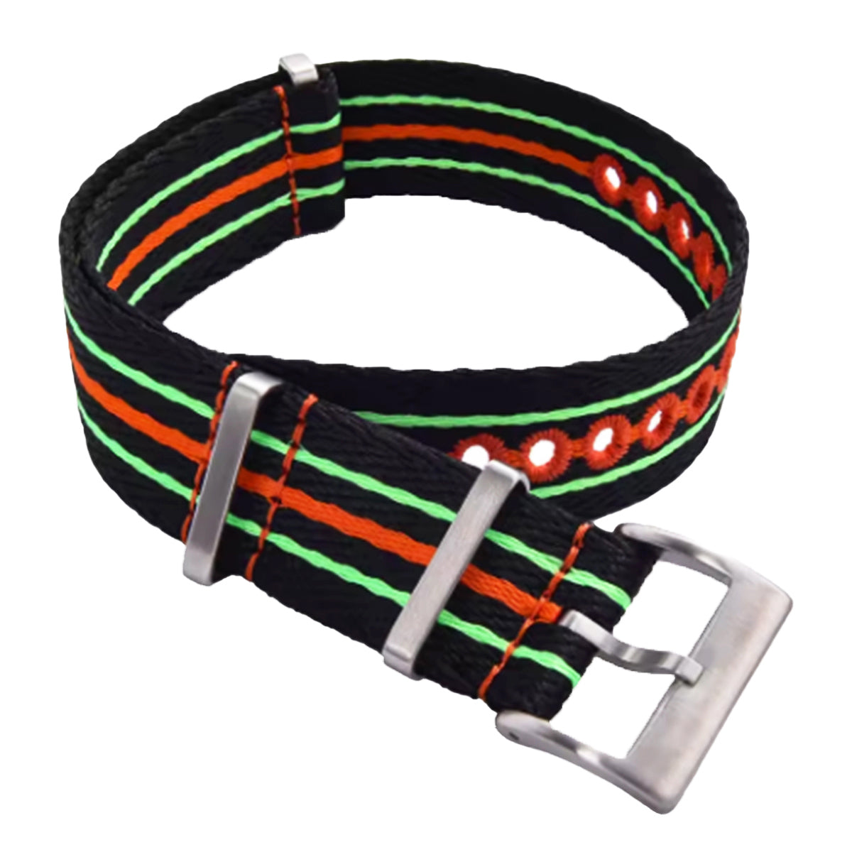 Nato-Armband Schwarz Rot Grün Fluoreszierend - Geflochtenes Nylon 20mm 22mm