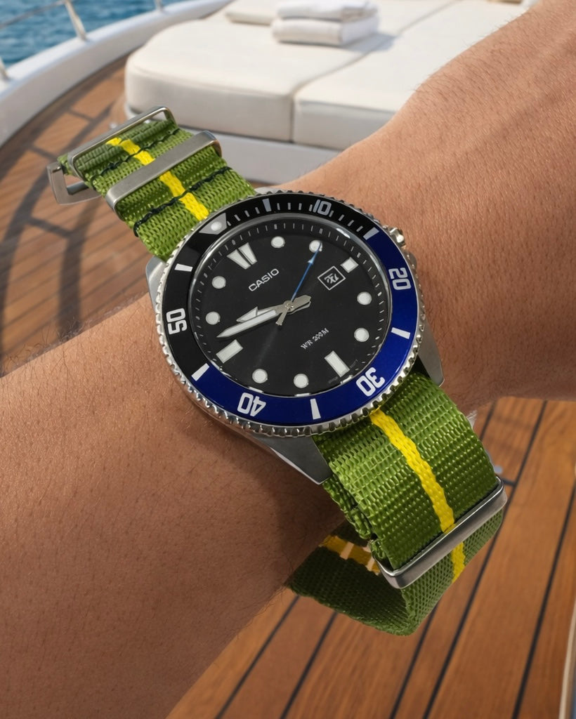 Bracelet Montre NATO Nylon Vert/Jaune - Boucle Acier Brossé – Homme
