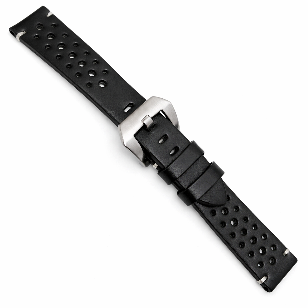 Bracelet Montre Cuir Noir - Rallye Perforé - Rembourrage 4,0mm - Universel