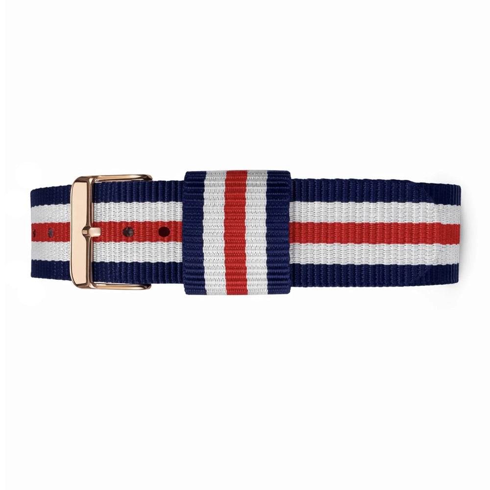 Bracelet de Montre NATO Nylon Bleu-Blanc-Rouge Canterbury - Boucle Doré Or Rose