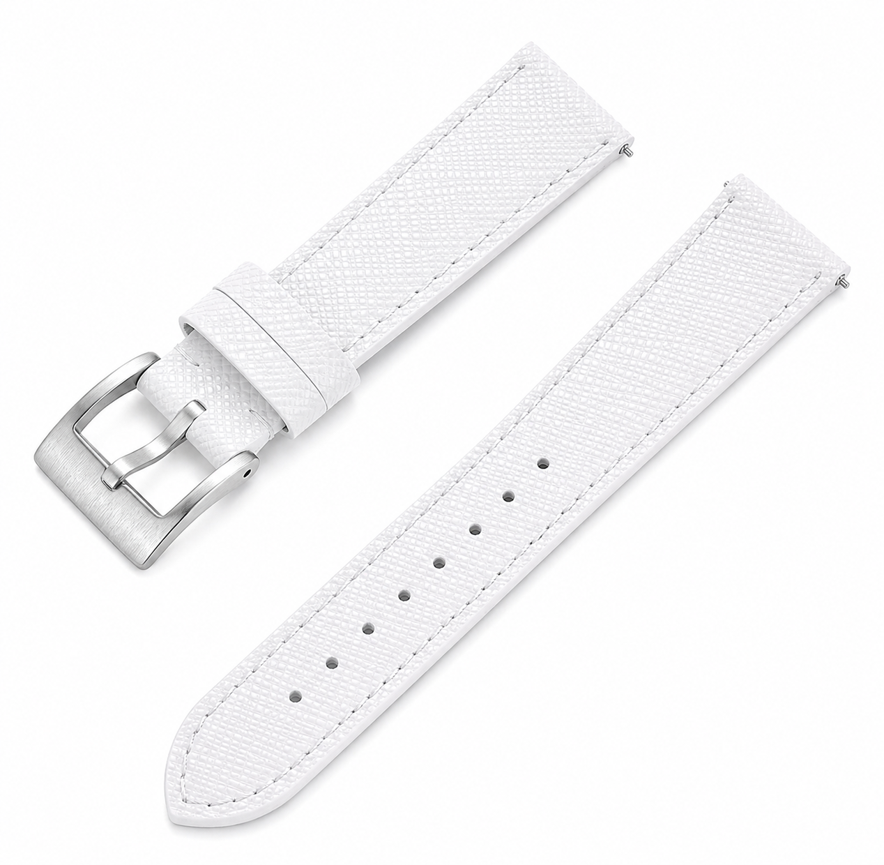 White genuine leather watch strap with Saffiano texture, stainless steel buckle and quick-release spring bars. Compatible with men's and women's watches.