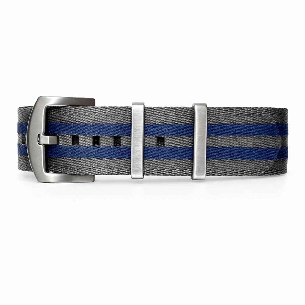 Bracelet de Montre NATO Nylon Gris / Bleu / Boucle Satin - Souple - Homme