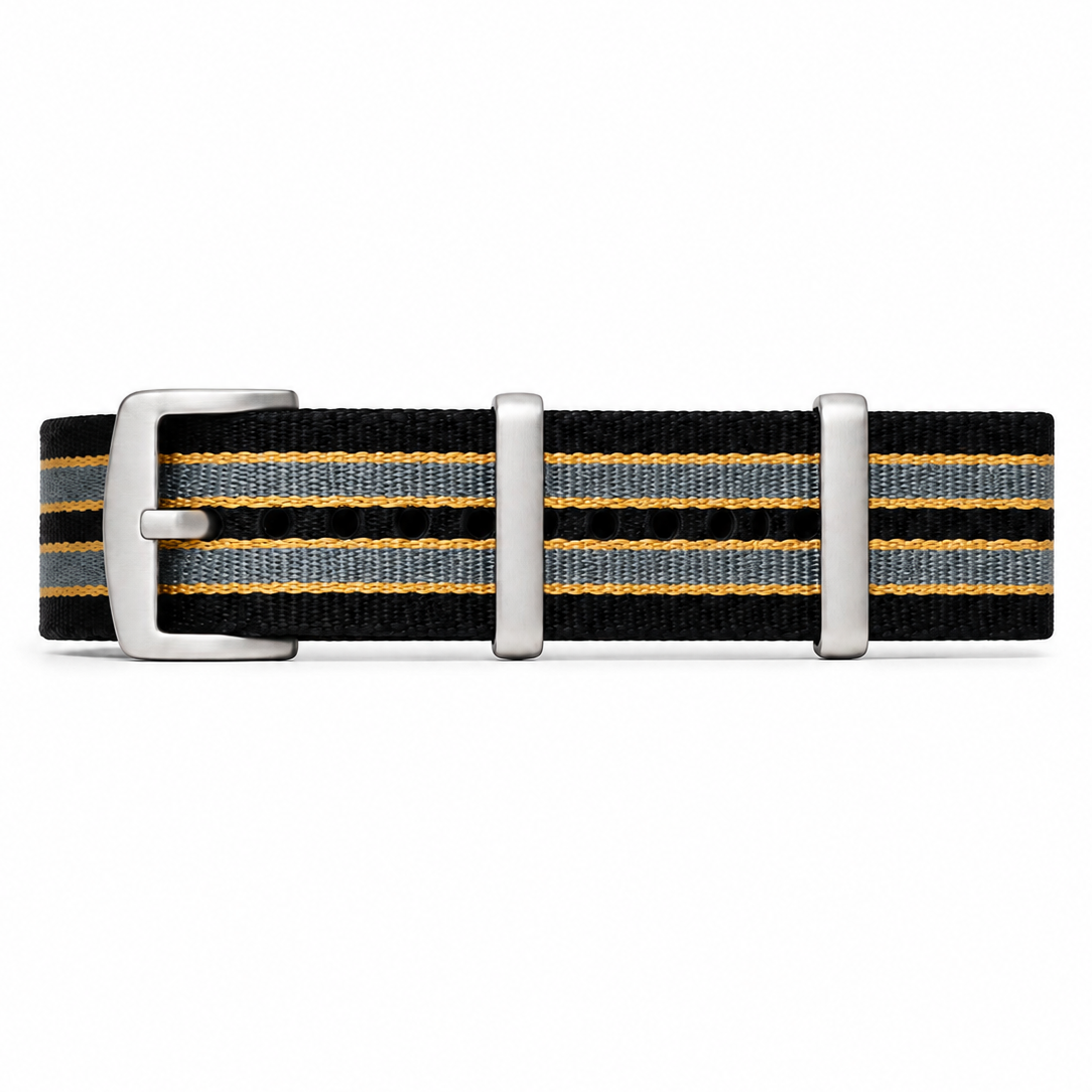 Bracelet Nato James Bond Noir / Gris / Sable - Sangle en Nylon doux tressé - Premium