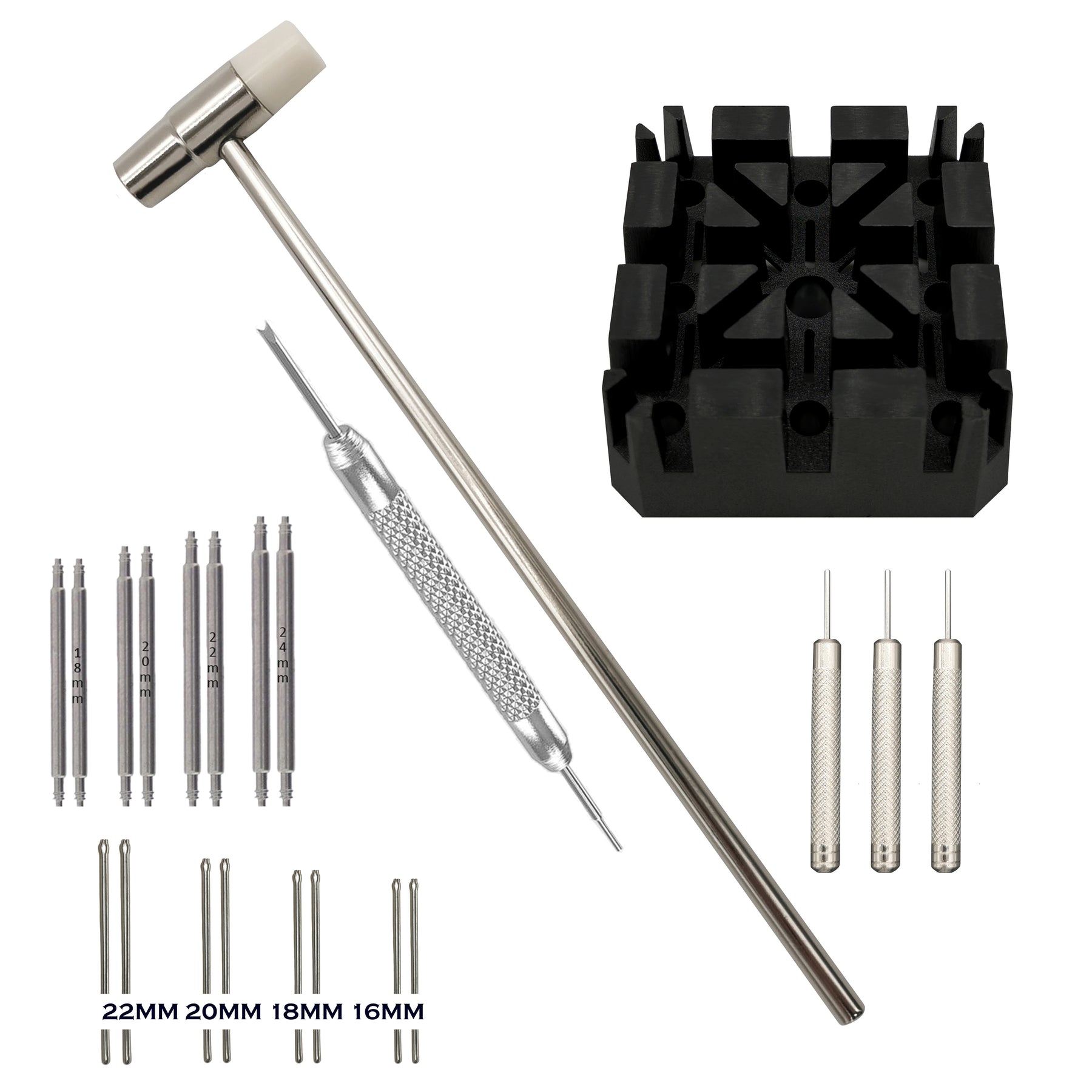 Kit 22 Pcs Réglage, Enlever, Ajuster, Raccourcir les Maillons, du Bracelet de Montre - Extracteurs de Broches – Chasse Goupilles – Marteau