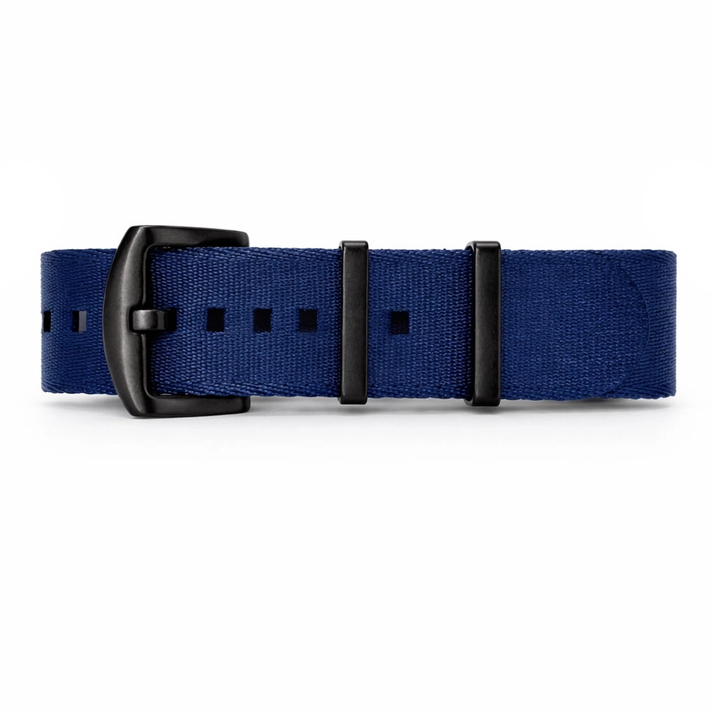 Blau/Schwarzes NATO-Uhrenarmband aus Nylon mit schwarzer Schnalle – weich – Herren