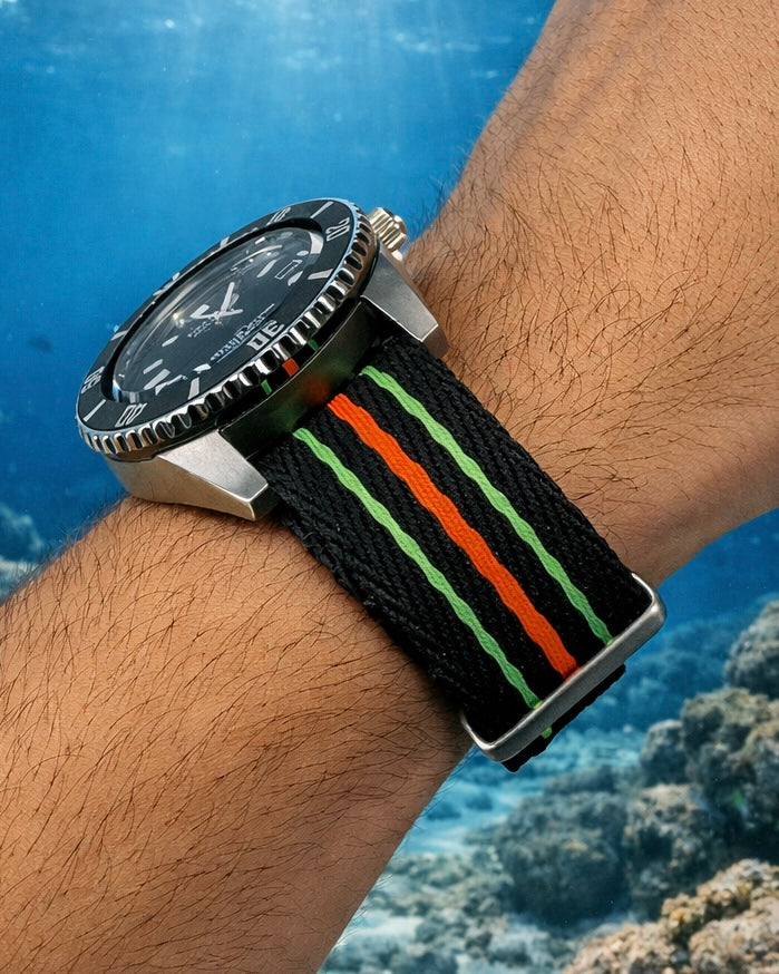 Bracelet de Montre Nato Noir Orange Vert Fluo - Nylon tressé 20mm 22mm