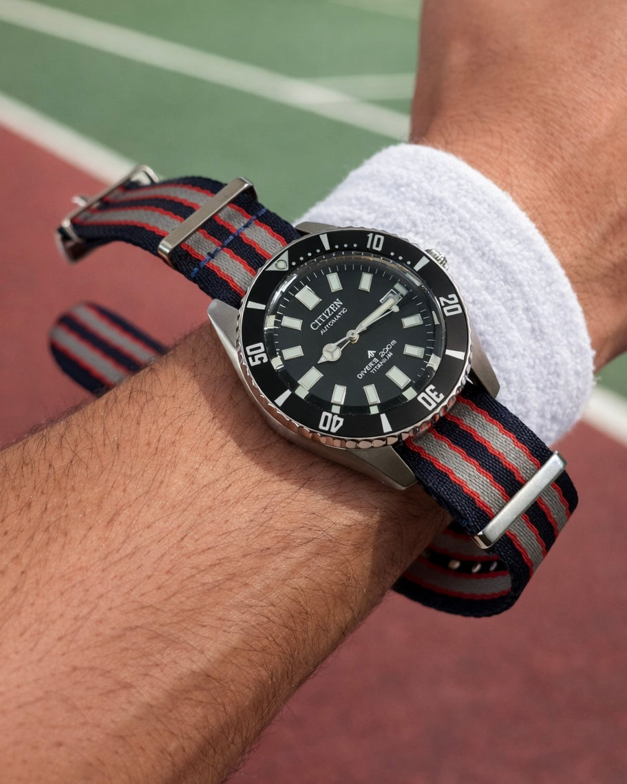 20-mm-NATO-Uhrenarmband James Bond Blau Rot Grau – Geflochtenes Nylon