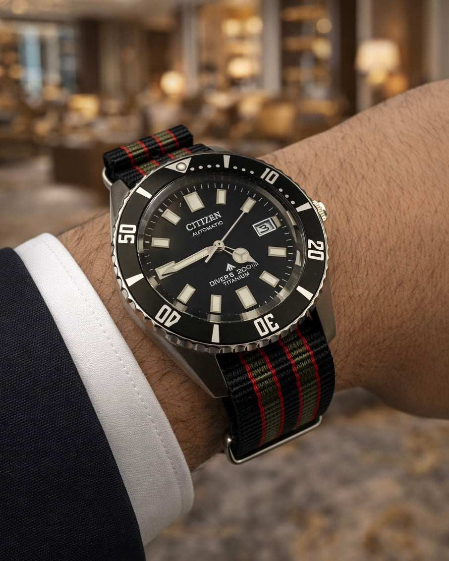 Bracelet de Montre Nato James Bond Nylon Noir Rouge Vert