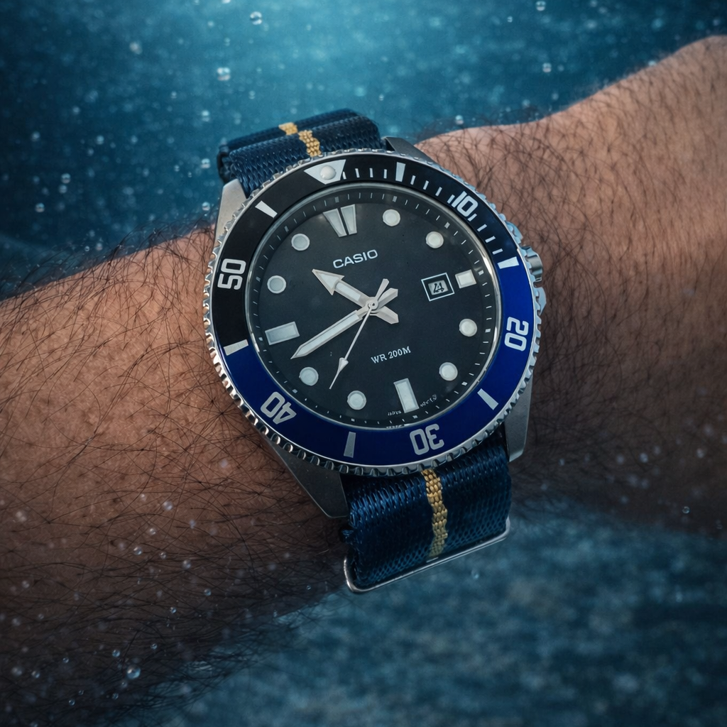 Bracelet de Montre Nato Nylon Bleu Marine / Khaki (Sable) - 1 Bande