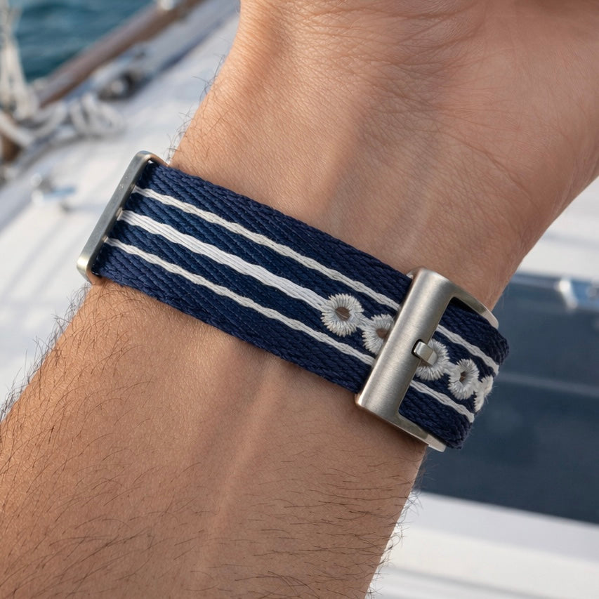 Bracelet de Montre Nato Bleu Marine Blanc Gris - Nylon tressé 20mm 22mm