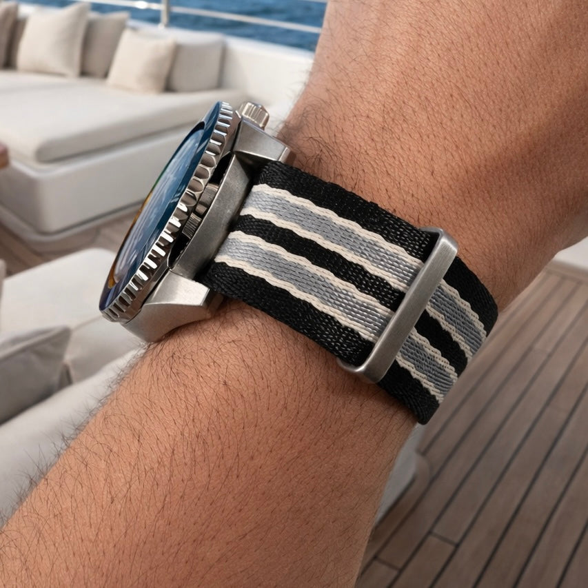 Bracelet Montre Nato James Bond Noir / Gris / Sable - Nylon doux tressé