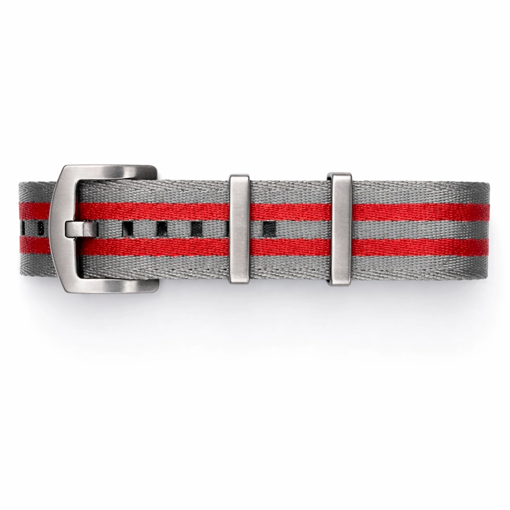 Hellgraues/rotes NATO-Uhrenarmband aus Nylon/Satinschließe – weich – Herren