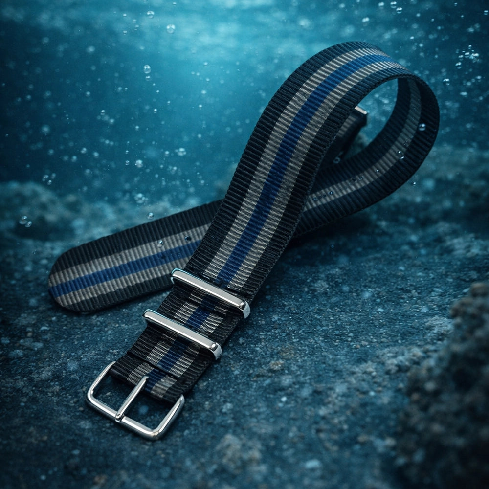 Bracelet de Montre NATO Nylon Noir / Gris / Bleu