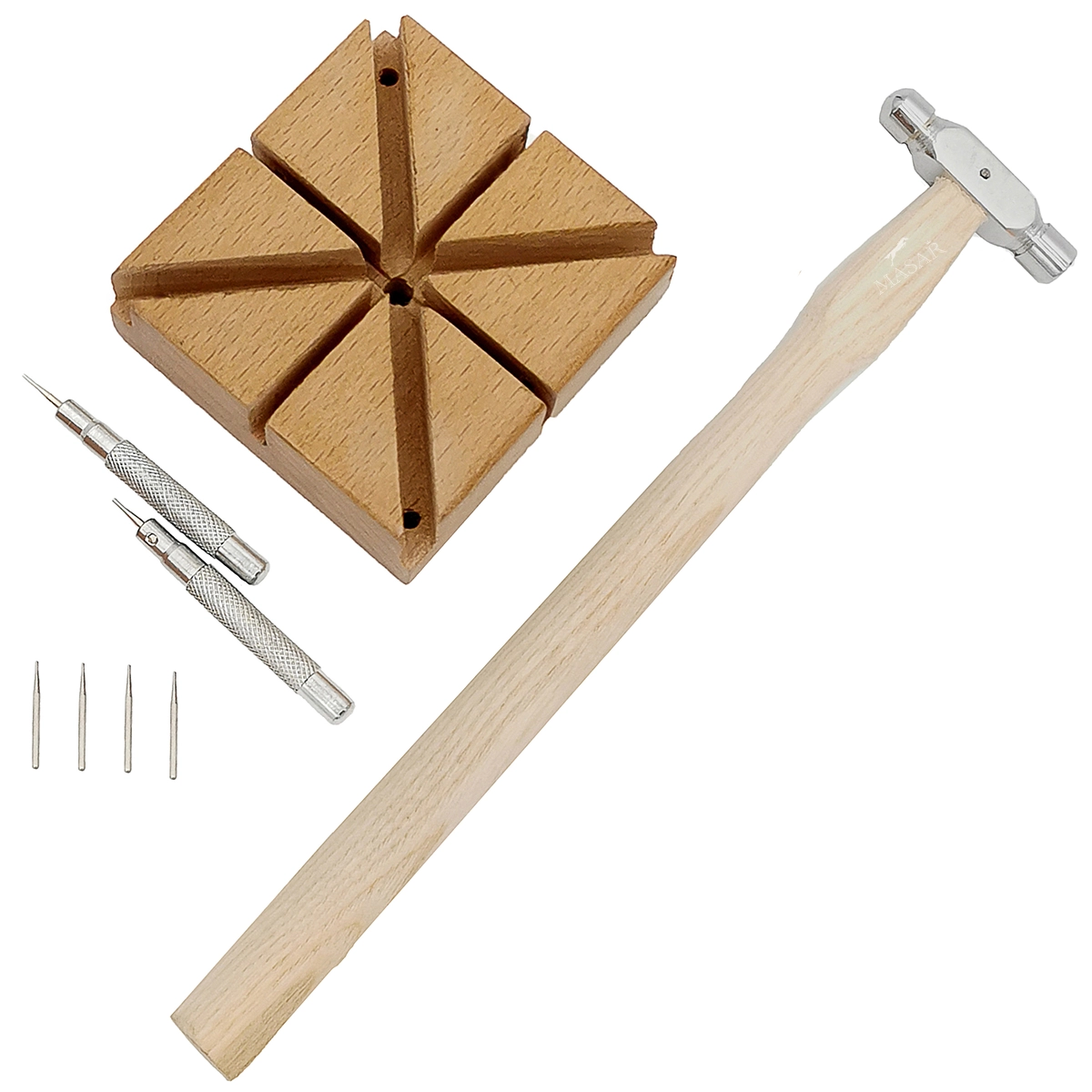 8-Piece Wooden Tool Kit for Shortening Watch Bands - Hammer - Stand