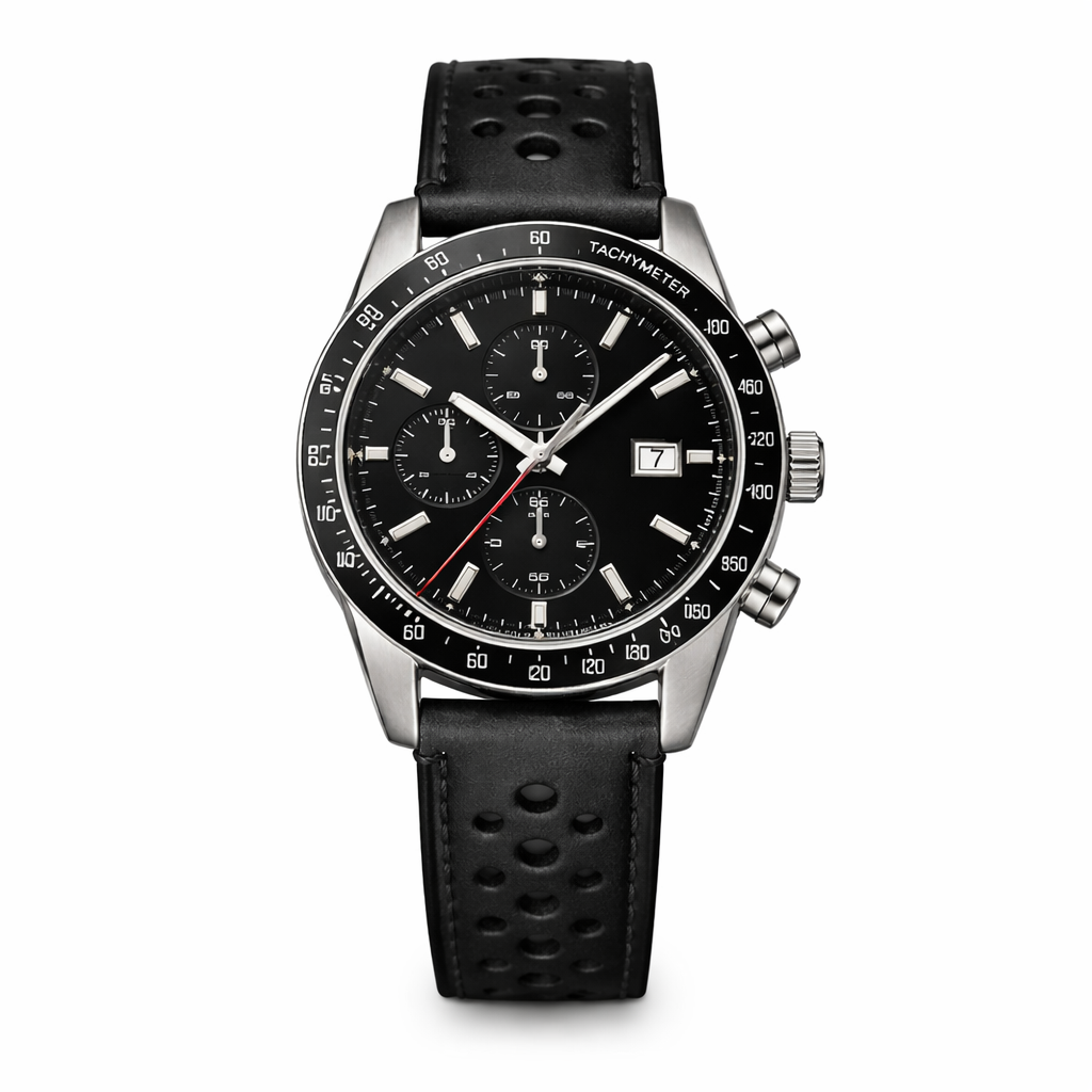 Bracelet Montre Rallye perforé en Cuir Noir - Rapide - Universel