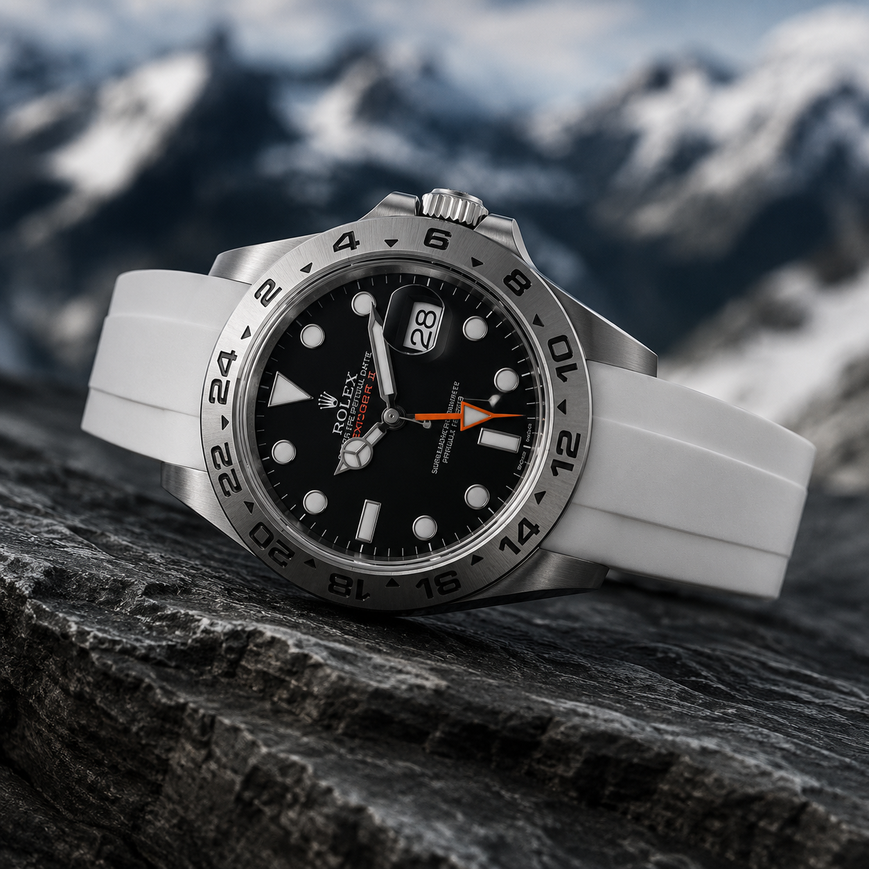 Rolex Explorer II avec bracelet compatible en caoutchouc FKM blanc
