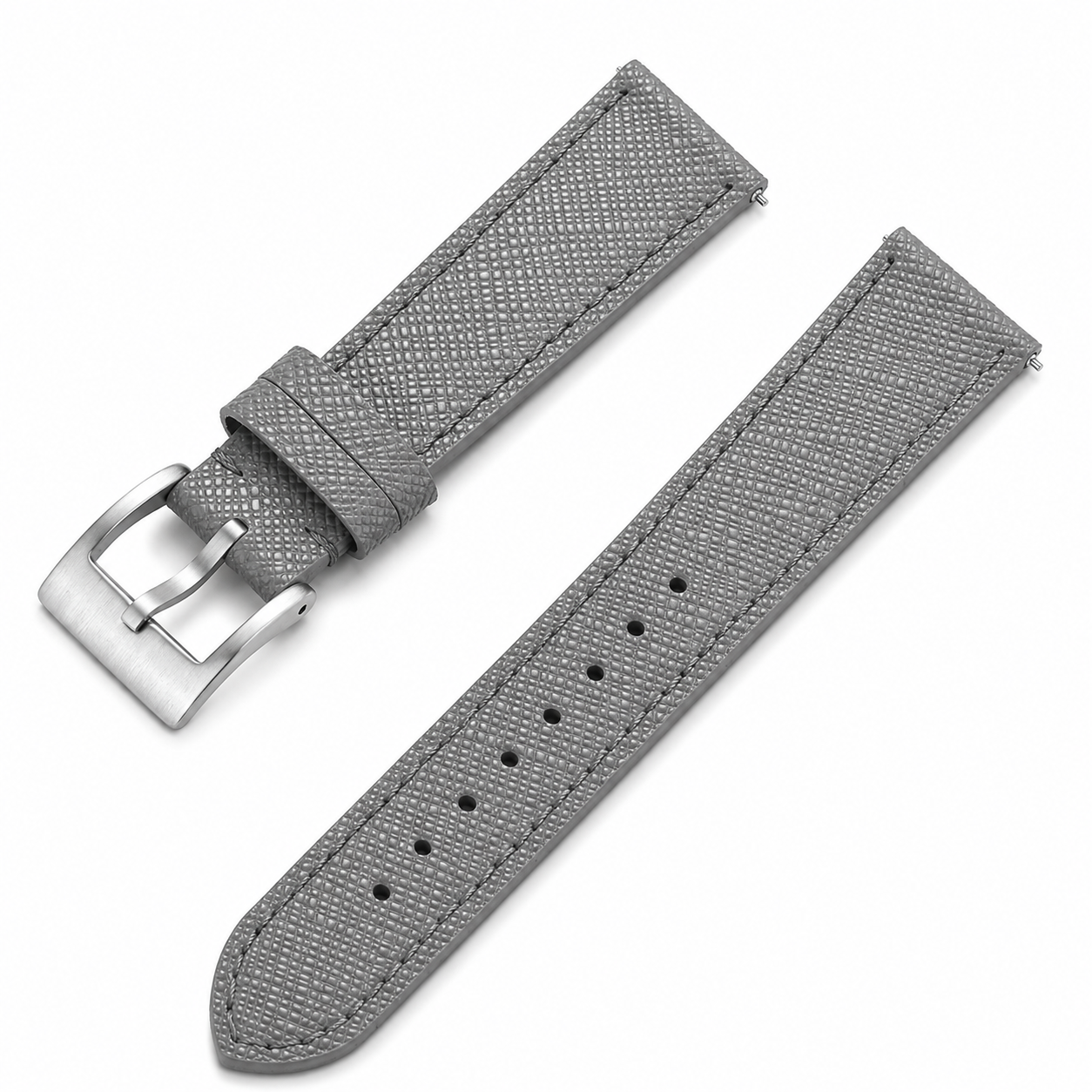 Graues Uhrenarmband aus echtem Saffiano-Leder mit Edelstahlschließe und Schnellwechselsystem. Kompatibel mit Damen- und Herrenuhren.