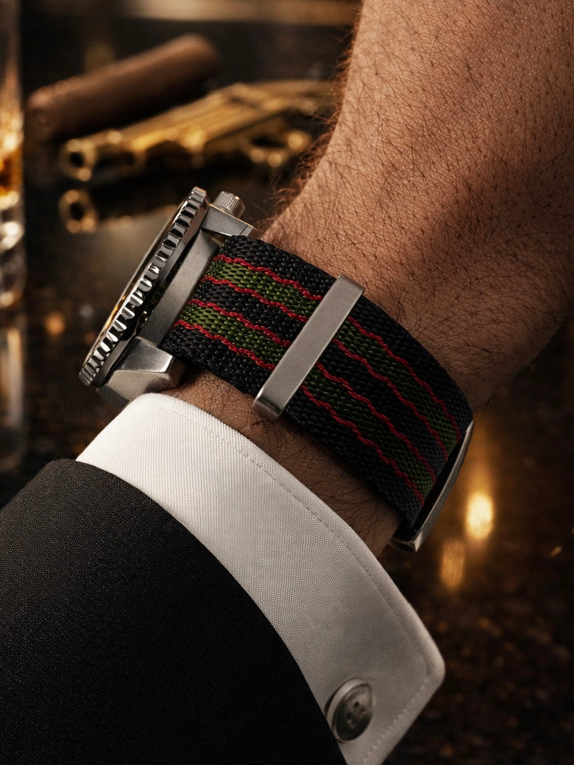 Bracelet de Montre NATO Nylon James Bond - Original – Noir-Rouge-Vert - Boucle Satin - Homme