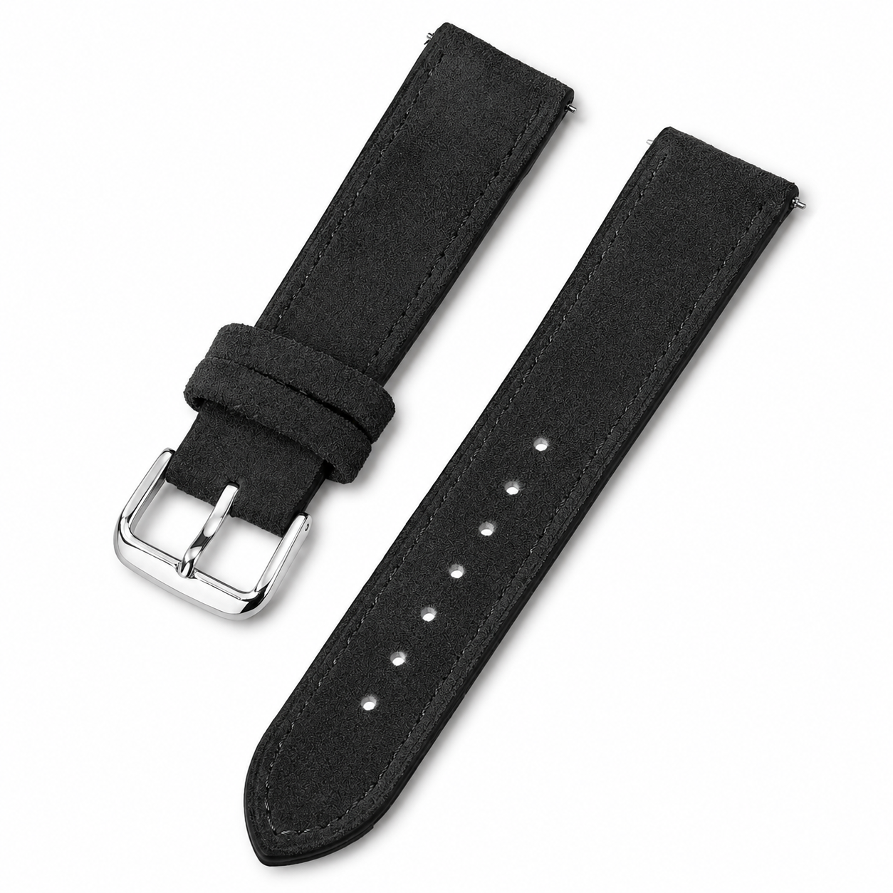 Premium black suede watch strap with stainless steel buckle on white background