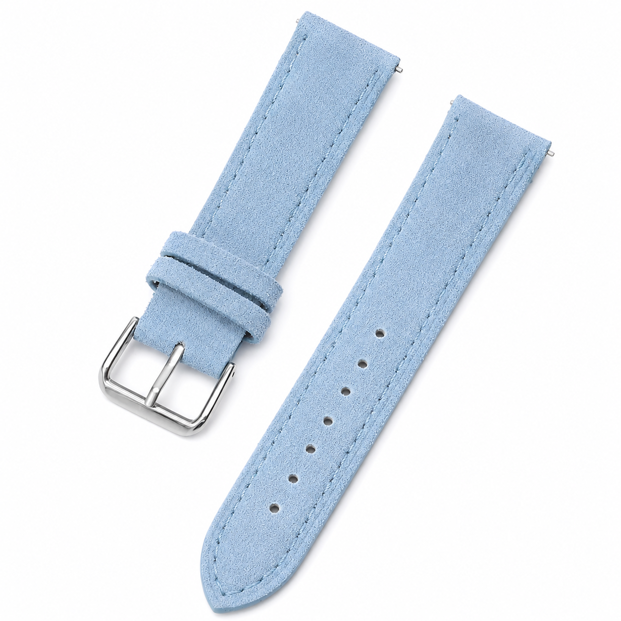 Premium light blue suede watch strap with stainless steel buckle, product view on white background