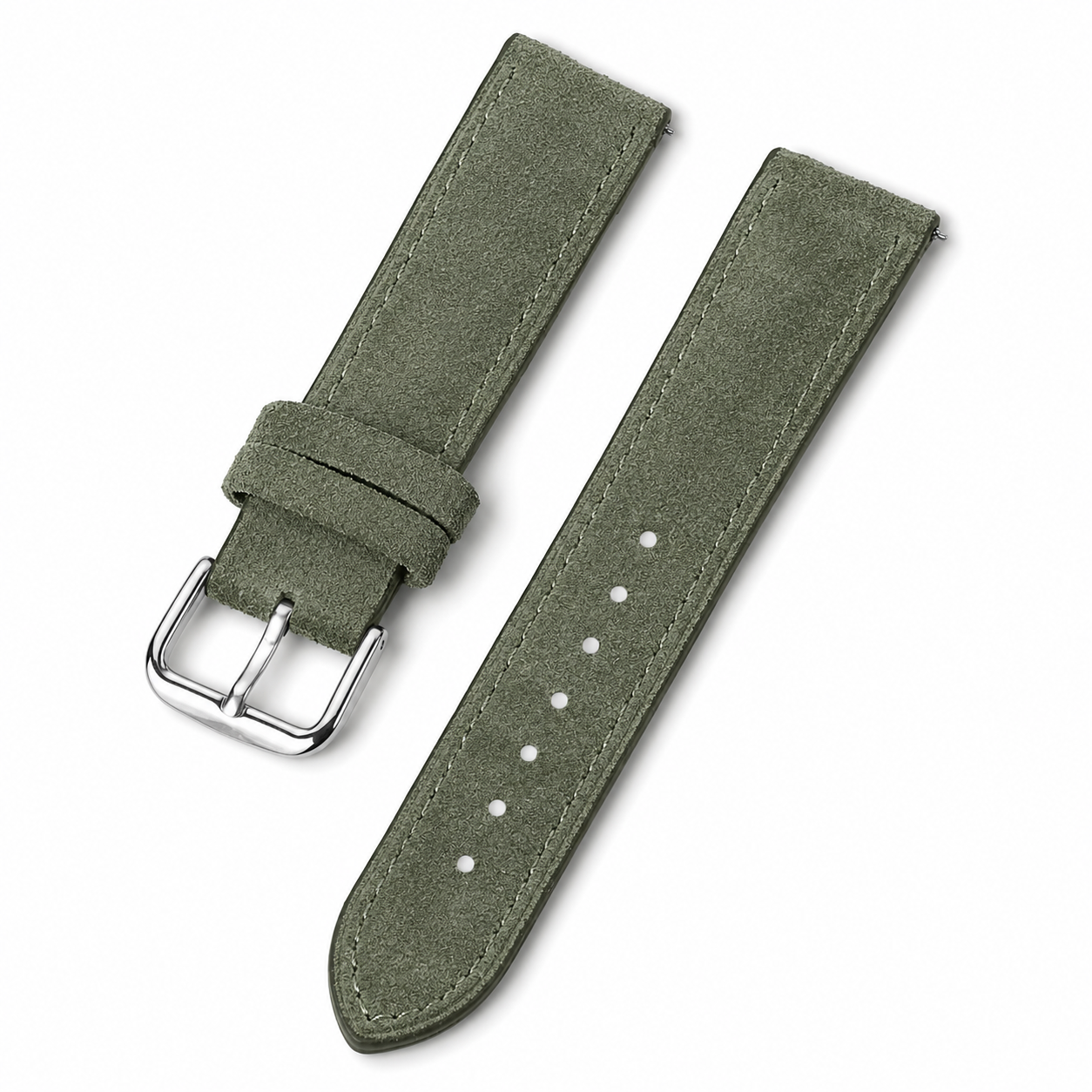 Sage green suede leather watch strap with silver buckle