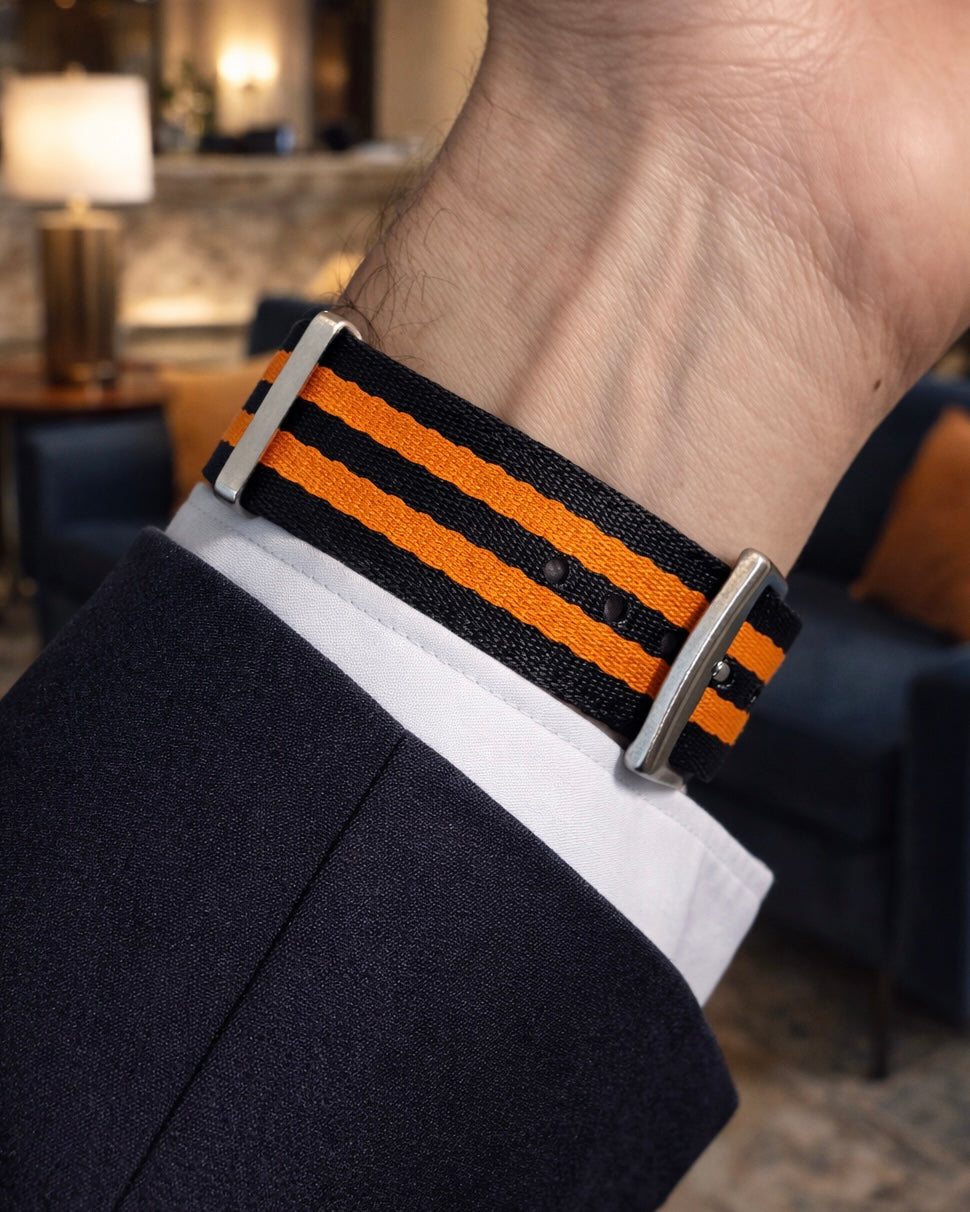 Bracelet Montre Nato Noir et Orange 2 Bandes - Nylon doux tressé
