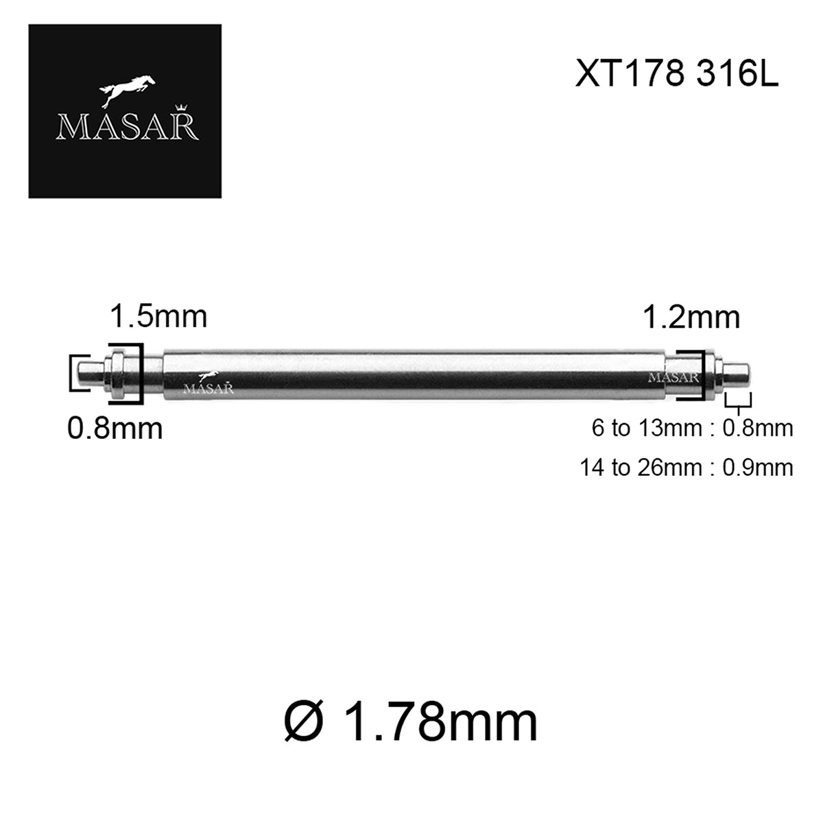 14mm bis 26mm XT Ø 1,78mm - Federstege für Uhrenarmband - 316L Edelstahl - 0,8mm - 2 Stk