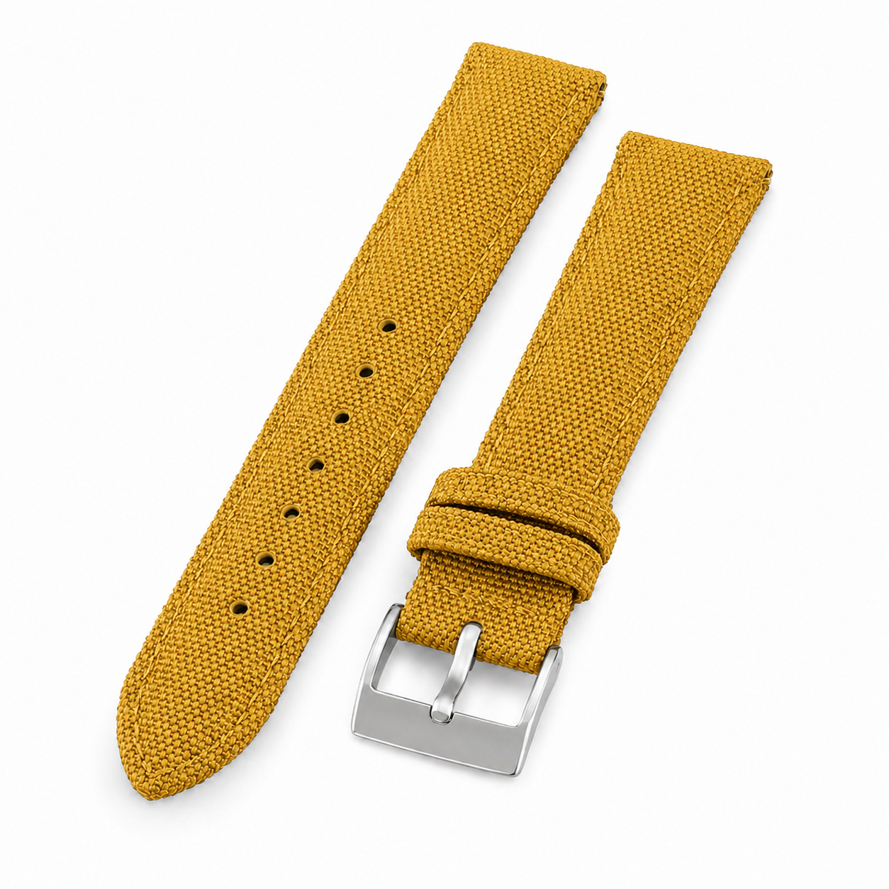 Yellow sailcloth watch strap with stainless steel buckle and quick-release spring bars.