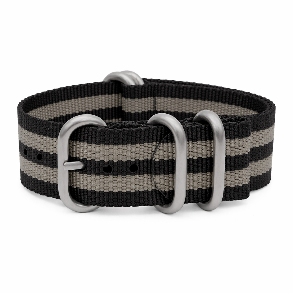 Bracelet Montre ZULU 22mm Nylon Noir-Gris - Boucle Noir - Homme - Raide et épais 2mm