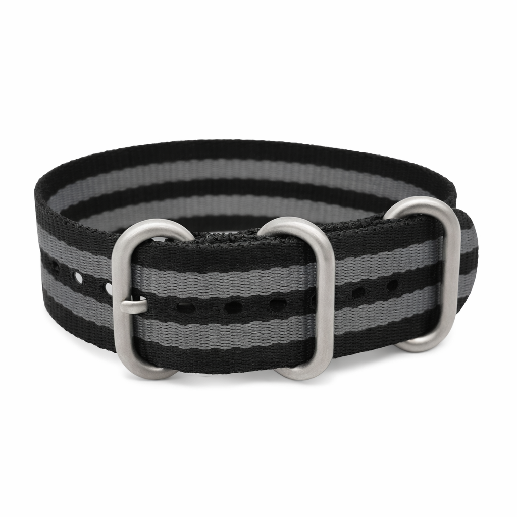 ZULU Nato Nylon Uhrenarmband Grau / Schwarz / Satin Schnalle - Spezial - Dünn
