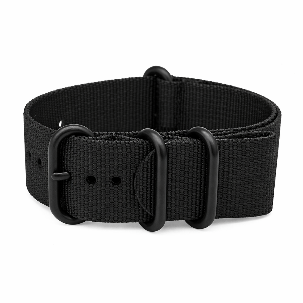 Bracelet Montre ZULU Nylon Full Noir / Boucle Noir - Homme - Raide et épais 2mm
