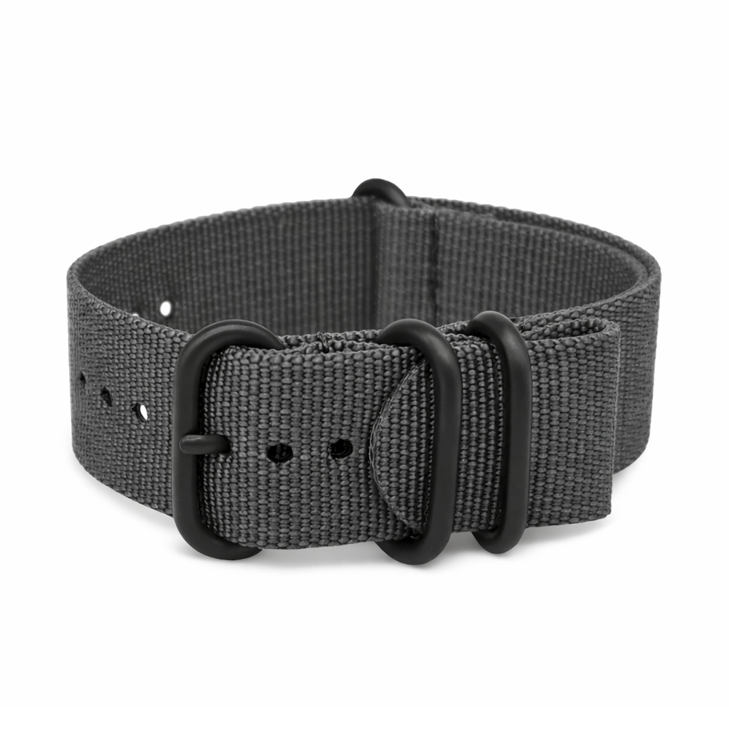 ZULU Uhrenarmband aus grauem Nylon – Schwarze Schließe – Herren – Stabil und dick (2 mm)